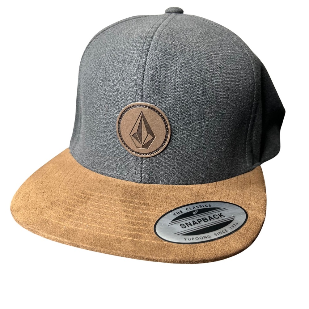 Volcom Hat Snapback Mens OS Charcoal Grey Tan Faux Suede Flat Brim Logo Cap